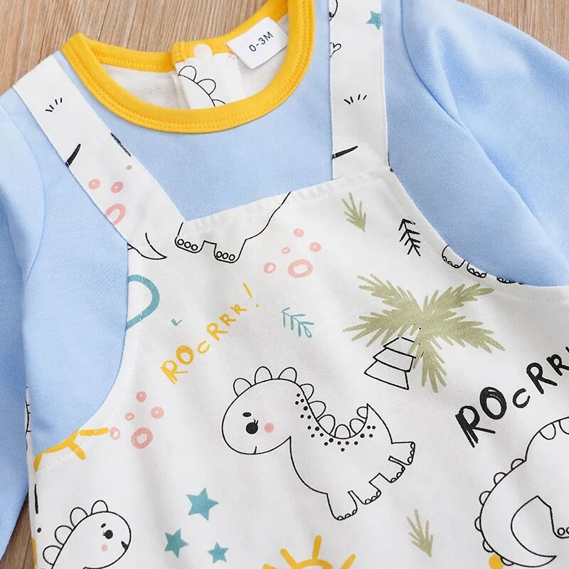 Băieți și fete de primăvară și toamnă drăguț din dinozaur din desene animate cu imprimeu complet cu bretele false body confortabil pentru bebeluși cu mânecă lungă