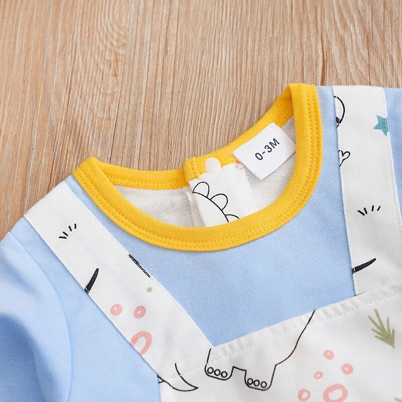 Băieți și fete de primăvară și toamnă drăguț din dinozaur din desene animate cu imprimeu complet cu bretele false body confortabil pentru bebeluși cu mânecă lungă