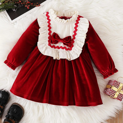 Rochie din catifea de tip boutique pentru fete mici, rochii cu fundiță pentru petrecere de prințesă de Crăciun, drăguță, cu gât cu volană, cu mânecă lungă, rochie tutu în linie A