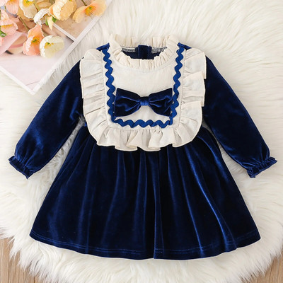 Rochie din catifea de tip boutique pentru fete mici, rochii cu fundiță pentru petrecere de prințesă de Crăciun, drăguță, cu gât cu volană, cu mânecă lungă, rochie tutu în linie A