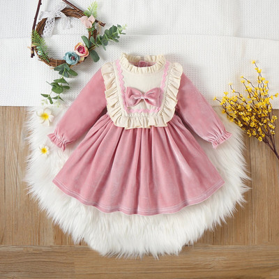 Rochie din catifea de tip boutique pentru fete mici, rochii cu fundiță pentru petrecere de prințesă de Crăciun, drăguță, cu gât cu volană, cu mânecă lungă, rochie tutu în linie A
