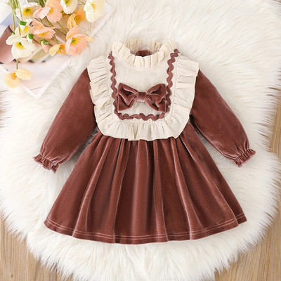Rochie din catifea de tip boutique pentru fete mici, rochii cu fundiță pentru petrecere de prințesă de Crăciun, drăguță, cu gât cu volană, cu mânecă lungă, rochie tutu în linie A