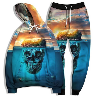 Σετ ανδρικές αθλητικές φόρμες με κουκούλες μαύρο λευκό μπλε χακί με κουκούλα γραφικό κρανίο 2 τεμαχίων Αθλητισμός και υπαίθριος καθημερινός αθλητισμός τρισδιάστατος σκελετός