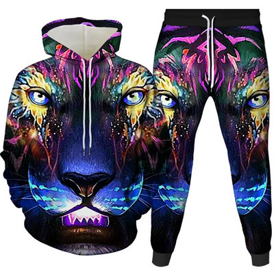 Ανδρική φόρμα αθλητικής φόρμας ζώων 2 τεμαχίων με φούτερ με κουκούλα 2 τεμαχίων, αθλητική στολή Μακρυμάνικη φόρμα με μοτίβο τίγρης, άνετα ρούχα με καπέλο