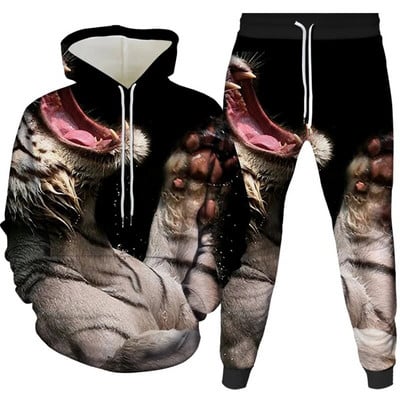 Ανδρική φόρμα αθλητικής φόρμας ζώων 2 τεμαχίων με φούτερ με κουκούλα 2 τεμαχίων, αθλητική στολή Μακρυμάνικη φόρμα με μοτίβο τίγρης, άνετα ρούχα με καπέλο