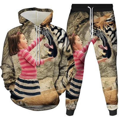 Ανδρική φόρμα αθλητικής φόρμας ζώων 2 τεμαχίων με φούτερ με κουκούλα 2 τεμαχίων, αθλητική στολή Μακρυμάνικη φόρμα με μοτίβο τίγρης, άνετα ρούχα με καπέλο