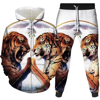 Ανδρική φόρμα αθλητικής φόρμας ζώων 2 τεμαχίων με φούτερ με κουκούλα 2 τεμαχίων, αθλητική στολή Μακρυμάνικη φόρμα με μοτίβο τίγρης, άνετα ρούχα με καπέλο