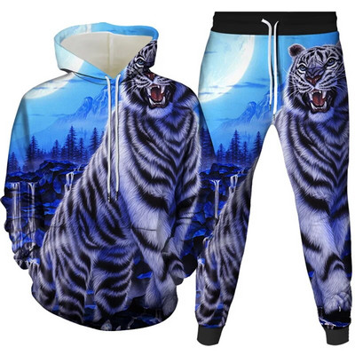 Ανδρική φόρμα αθλητικής φόρμας ζώων 2 τεμαχίων με φούτερ με κουκούλα 2 τεμαχίων, αθλητική στολή Μακρυμάνικη φόρμα με μοτίβο τίγρης, άνετα ρούχα με καπέλο