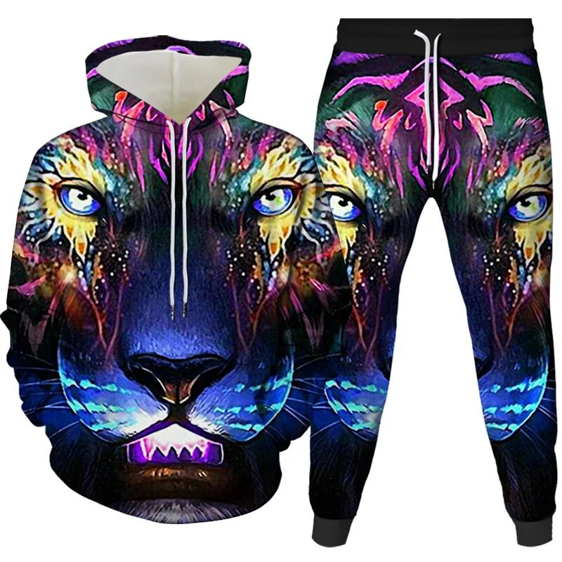 Ανδρική φόρμα αθλητικής φόρμας ζώων 2 τεμαχίων με φούτερ με κουκούλα 2 τεμαχίων, αθλητική στολή Μακρυμάνικη φόρμα με μοτίβο τίγρης, άνετα ρούχα με καπέλο