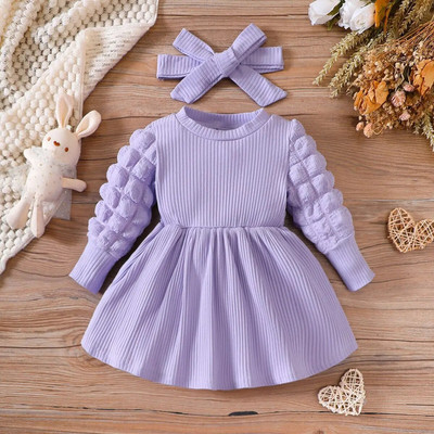 Rochii pentru bebeluși Prowow 3-24M, iarnă, cu mâneci umflate lungi, rochie coreeană solidă, pentru fete, cu bentiță, nou-născut, haine pentru fete
