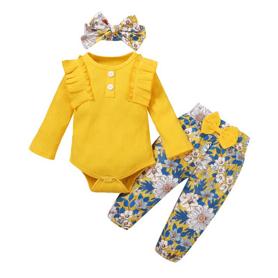 Haine pentru fetiță Nou-născut Sugar Toamnă Set 3 bucăți Romper din bumbac Pantaloni cu buline Bandă pentru toamnă ținute Haine pentru fetițe Costum de îmbrăcăminte
