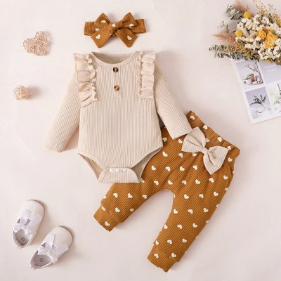 Haine pentru fetiță Nou-născut Sugar Toamnă Set 3 bucăți Romper din bumbac Pantaloni cu buline Bandă pentru toamnă ținute Haine pentru fetițe Costum de îmbrăcăminte