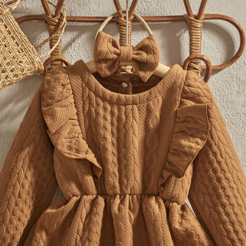 EWODOS 0-4 ετών Νήπιο κοριτσάκι Καφέ Φόρεμα ζακάρ Ανοιξιάτικο φθινοπωρινό μακρυμάνικο φορέματα μόδας με φόρεμα πριγκίπισσας
