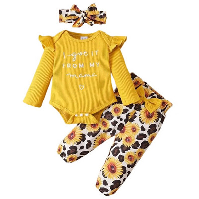 Σετ βρεφικών κοριτσιών 0-18 μηνών Μακρυμάνικη ολόσωμη φόρμα+παντελόνι ηλίανθου+κορυφή κεφαλής για μωρό μωρό στολή καθημερινά ρούχα