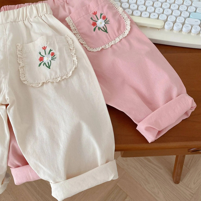 Κορεάτικο παντελόνι για κορίτσια άνοιξη και φθινόπωρο 2023 Ολόβαμβα μονόχρωμο ελαστικό χαλαρό για βρέφη Παιδιά