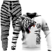 Bărbați Toamnă și Iarnă 3D Imprimat Animal Tigru Hanorac casual cu glugă Pantaloni de trening Set 2 buc. Treninguri Hanorace Pantaloni Costum sport
