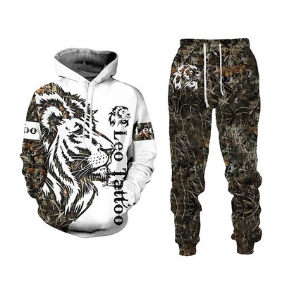 Bărbați Toamnă și Iarnă 3D Imprimat Animal Tigru Hanorac casual cu glugă Pantaloni de trening Set 2 buc. Treninguri Hanorace Pantaloni Costum sport