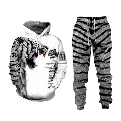 Bărbați Toamnă și Iarnă 3D Imprimat Animal Tigru Hanorac casual cu glugă Pantaloni de trening Set 2 buc. Treninguri Hanorace Pantaloni Costum sport