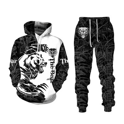 Bărbați Toamnă și Iarnă 3D Imprimat Animal Tigru Hanorac casual cu glugă Pantaloni de trening Set 2 buc. Treninguri Hanorace Pantaloni Costum sport