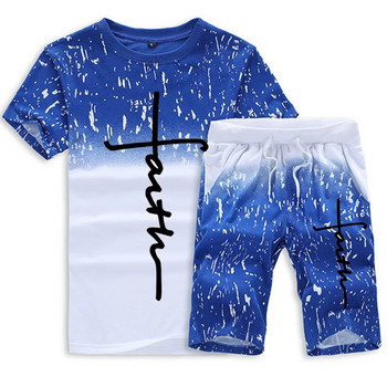 Модерна тениска с щампа на Исус с градиент + къси панталони Комплекти от 2 части Летен мъжки свободен спортен костюм Анцузи с къс ръкав S-5XL
