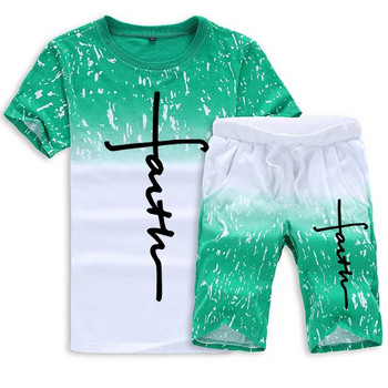Μοντέρνο μπλουζάκι με στάμπα Ιησούς με ντεγκραντέ + Σορτς 2 τεμαχίων Σετ Ανδρικό καλοκαιρινό φαρδύ αθλητικό κοστούμι κοντομάνικο αθλητικές φόρμες S-5XL