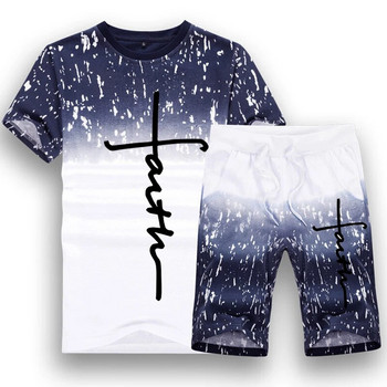 Μοντέρνο μπλουζάκι με στάμπα Ιησούς με ντεγκραντέ + Σορτς 2 τεμαχίων Σετ Ανδρικό καλοκαιρινό φαρδύ αθλητικό κοστούμι κοντομάνικο αθλητικές φόρμες S-5XL