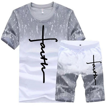 Модерна тениска с щампа на Исус с градиент + къси панталони Комплекти от 2 части Летен мъжки свободен спортен костюм Анцузи с къс ръкав S-5XL