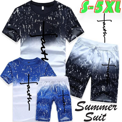 Tricou + pantaloni scurți cu imprimeu Iisus la modă Seturi 2 bucăți Vară Costum sport largi pentru bărbați Treninguri cu mânecă scurtă S-5XL