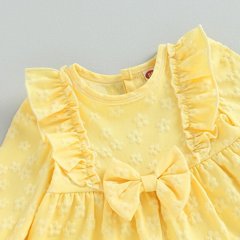 EWODOS Copii mici Bebeluși Fetițe Rochie dulce galbenă Rochie dulce cu mânecă lungă Gâtul rotund cu fundă cu flori Rochie în linie A pentru petrecere ocazională de zi cu zi