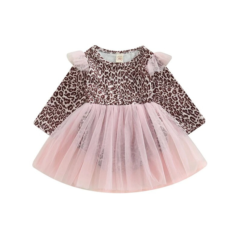 EWODOS Φόρεμα κοριτσιού για μωρά Φόρεμα για νεογέννητο μωρό με μοτίβο λεοπάρ εμπριμέ συνονθύλευμα διχτυωτό μακρυμάνικο φορέματα ώμου