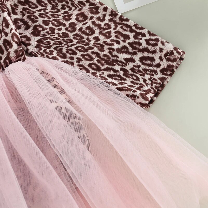 EWODOS Φόρεμα κοριτσιού για μωρά Φόρεμα για νεογέννητο μωρό με μοτίβο λεοπάρ εμπριμέ συνονθύλευμα διχτυωτό μακρυμάνικο φορέματα ώμου