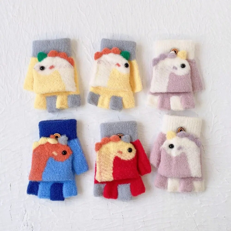 Mănuși de pluș pentru copii, cu jumătate de deget, groase, calde, rezistente la frig, mănuși de acoperire, toamnă iarnă, degete expuse, mănuși tricotate cu desene animate
