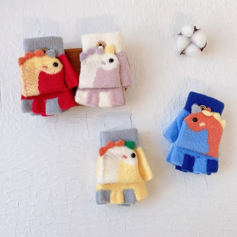 Mănuși de pluș pentru copii, cu jumătate de deget, groase, calde, rezistente la frig, mănuși de acoperire, toamnă iarnă, degete expuse, mănuși tricotate cu desene animate
