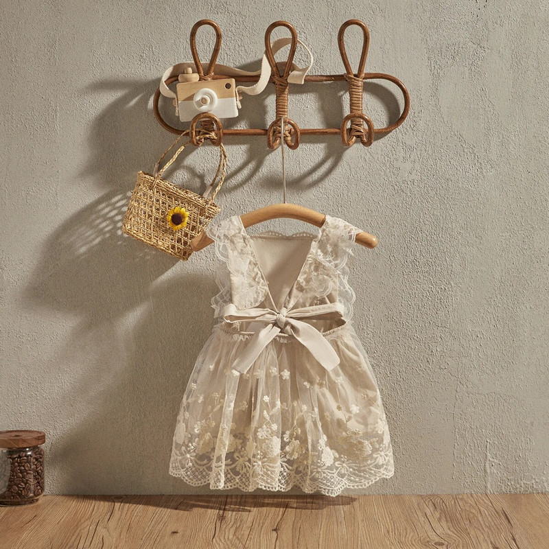 EWODOS 0-24 luni Rochie de prințesă cu broderie florală, fără mâneci, fără spate, cu dantelă de culoare bej, 0-24 luni