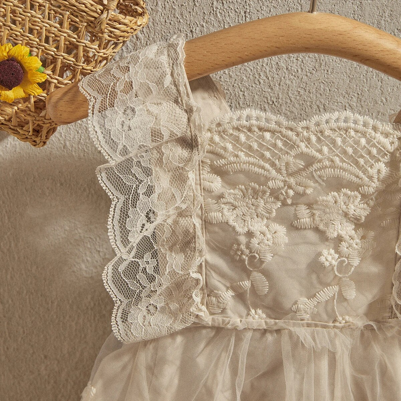 EWODOS 0-24 luni Rochie de prințesă cu broderie florală, fără mâneci, fără spate, cu dantelă de culoare bej, 0-24 luni