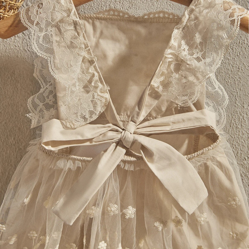 EWODOS 0-24 luni Rochie de prințesă cu broderie florală, fără mâneci, fără spate, cu dantelă de culoare bej, 0-24 luni