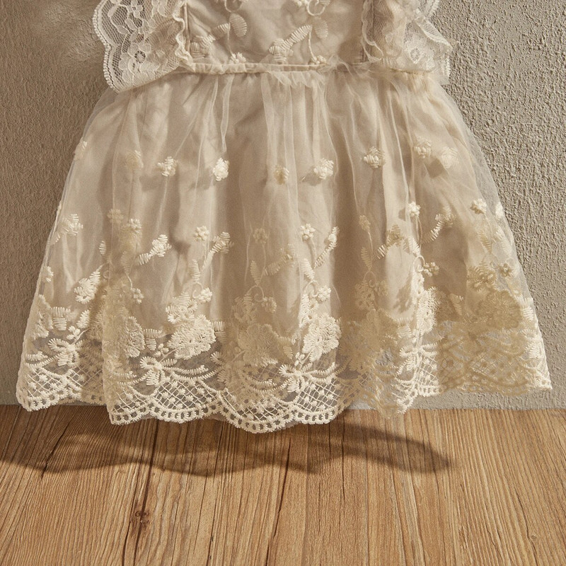 EWODOS 0-24 luni Rochie de prințesă cu broderie florală, fără mâneci, fără spate, cu dantelă de culoare bej, 0-24 luni