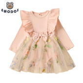 EWODOS Toddler Βρεφικά Κοριτσίστικα Φορμάκια Τούλι Φόρεμα Μακρυμάνικο Παπιγιόν Κέντημα Λουλούδι Τούλι Συνονθύλευμα Παιδικό Φθινοπωρινό Φόρεμα