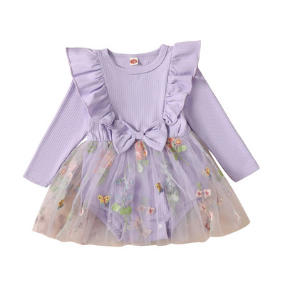 EWODOS Toddler Βρεφικά Κοριτσίστικα Φορμάκια Τούλι Φόρεμα Μακρυμάνικο Παπιγιόν Κέντημα Λουλούδι Τούλι Συνονθύλευμα Παιδικό Φθινοπωρινό Φόρεμα