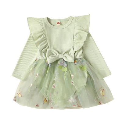 EWODOS Toddler Βρεφικά Κοριτσίστικα Φορμάκια Τούλι Φόρεμα Μακρυμάνικο Παπιγιόν Κέντημα Λουλούδι Τούλι Συνονθύλευμα Παιδικό Φθινοπωρινό Φόρεμα