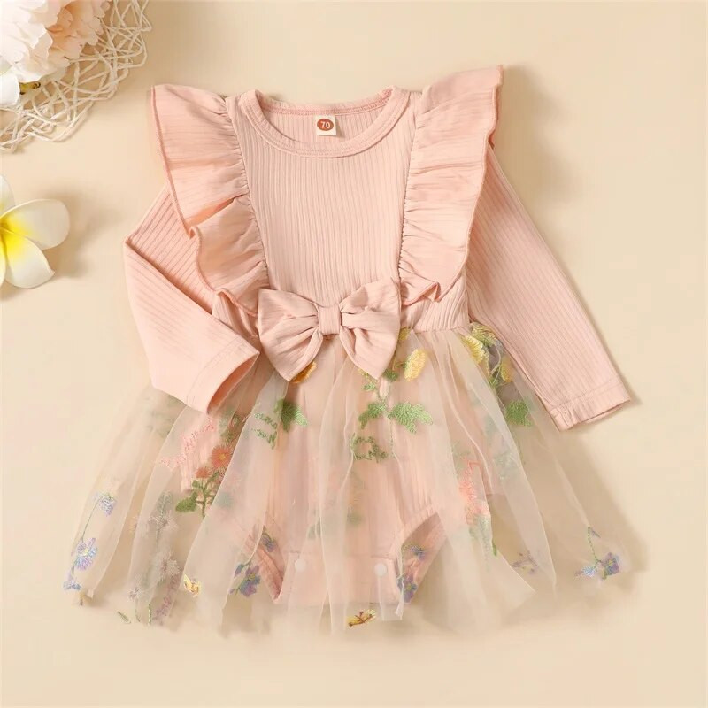 EWODOS Toddler Βρεφικά Κοριτσίστικα Φορμάκια Τούλι Φόρεμα Μακρυμάνικο Παπιγιόν Κέντημα Λουλούδι Τούλι Συνονθύλευμα Παιδικό Φθινοπωρινό Φόρεμα