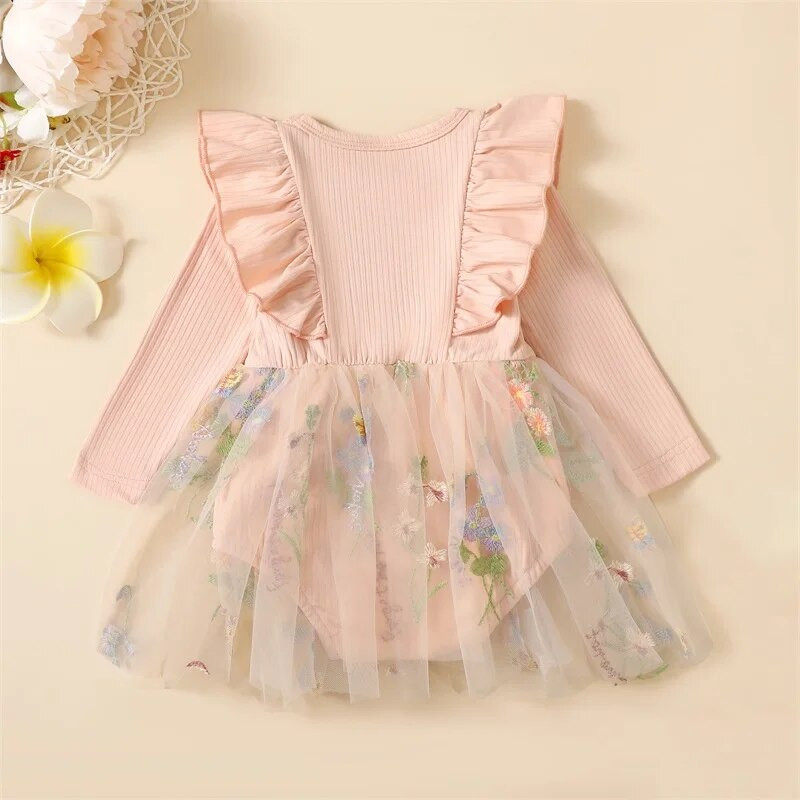 EWODOS Toddler Βρεφικά Κοριτσίστικα Φορμάκια Τούλι Φόρεμα Μακρυμάνικο Παπιγιόν Κέντημα Λουλούδι Τούλι Συνονθύλευμα Παιδικό Φθινοπωρινό Φόρεμα