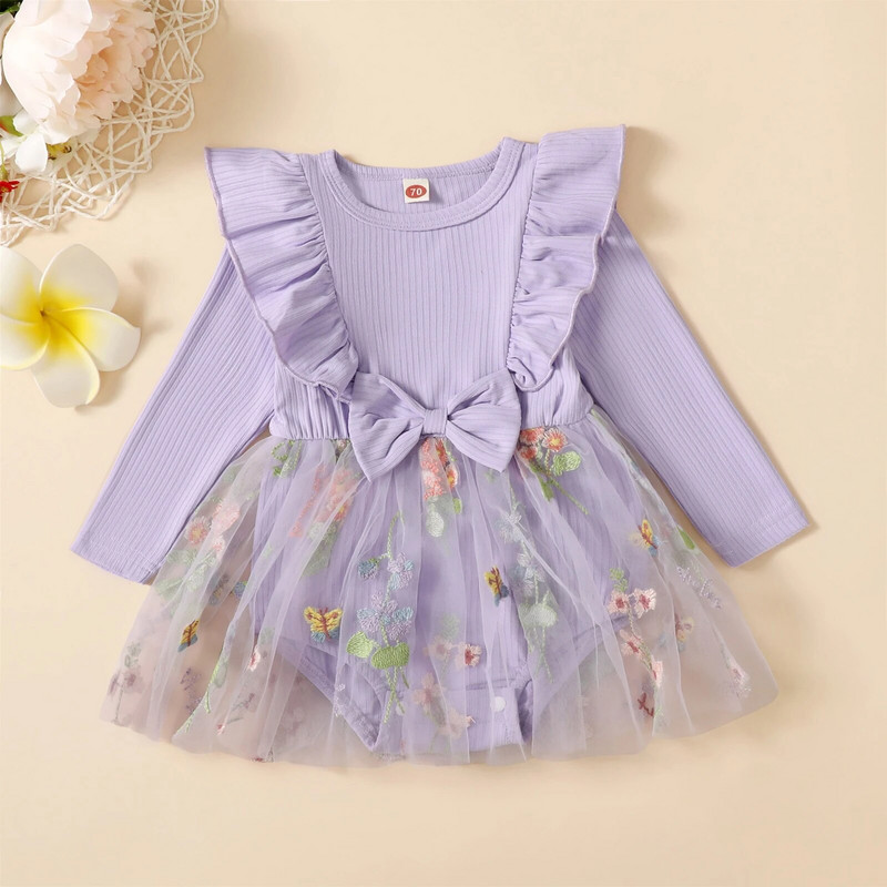 EWODOS Toddler Βρεφικά Κοριτσίστικα Φορμάκια Τούλι Φόρεμα Μακρυμάνικο Παπιγιόν Κέντημα Λουλούδι Τούλι Συνονθύλευμα Παιδικό Φθινοπωρινό Φόρεμα