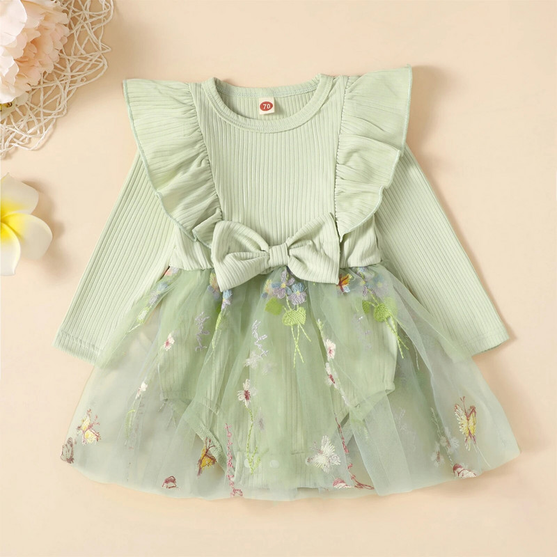 EWODOS Toddler Βρεφικά Κοριτσίστικα Φορμάκια Τούλι Φόρεμα Μακρυμάνικο Παπιγιόν Κέντημα Λουλούδι Τούλι Συνονθύλευμα Παιδικό Φθινοπωρινό Φόρεμα