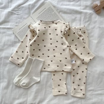 Есен Зима Ins Toddler Baby Love Print Homewear Suit Boy Girl Infant Fly Sleeve Casual Tops + Pants 2pcs Kid Cotton Tees Set