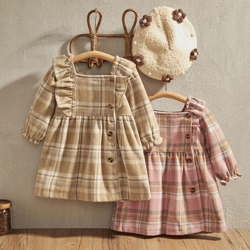 EWODOS 0-3 ani nou-născut Bebeluși fetițe carouri volane mini rochie pentru primăvară toamnă modă rochii cu mânecă lungă rochie prințesă