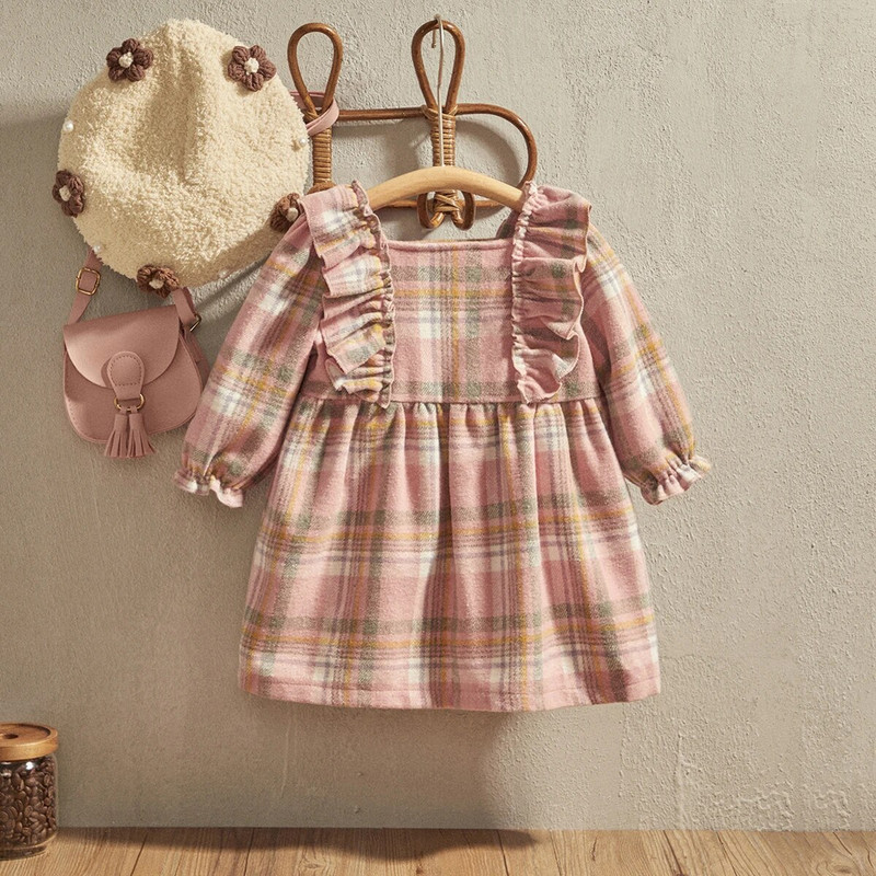 EWODOS 0-3 ani nou-născut Bebeluși fetițe carouri volane mini rochie pentru primăvară toamnă modă rochii cu mânecă lungă rochie prințesă
