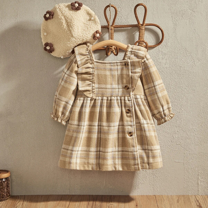 EWODOS 0-3 ani nou-născut Bebeluși fetițe carouri volane mini rochie pentru primăvară toamnă modă rochii cu mânecă lungă rochie prințesă