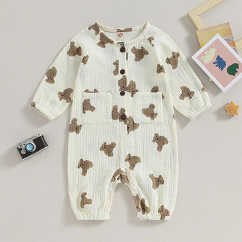 EWODOS Toddler Baby Kids Fall Rompers Bear Print Button Гащеризон с дълъг ръкав и джобове за новородено бебе Сладък гащеризон