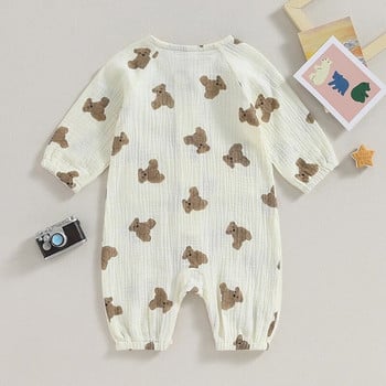 EWODOS Toddler Baby Kids Fall Rompers Bear Print Button Гащеризон с дълъг ръкав и джобове за новородено бебе Сладък гащеризон